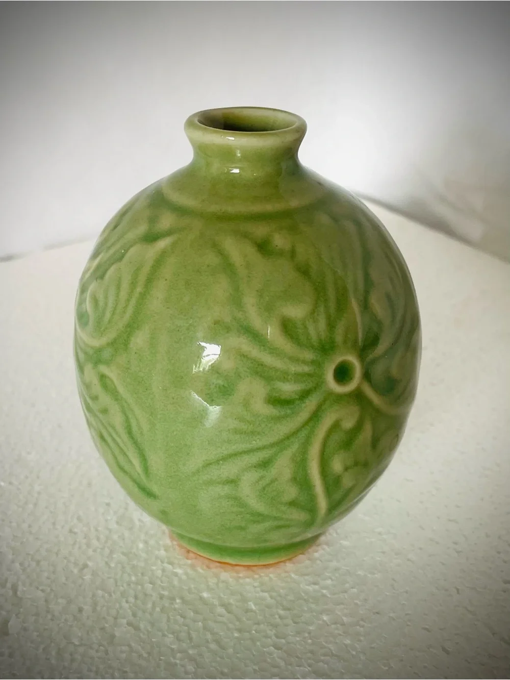 Antique Celadon Sake Bottle Jar Small Green Bud Vase Ceremonial Period Sanda